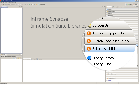 AnyLogic GUI with standard und InFrame Synapse Simulation Suite libraries (right)